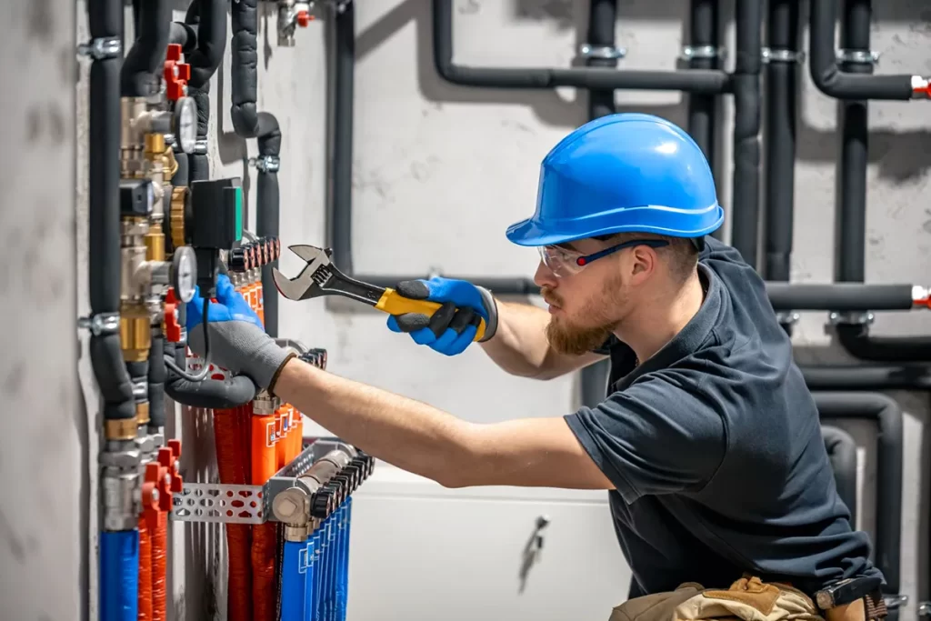 Man wearing safety gloves and work overalls uses tools to adjust metal pipes in an industrial setting, representing hands-on skills needed for Mechanical Fitter Jobs Edinburgh.