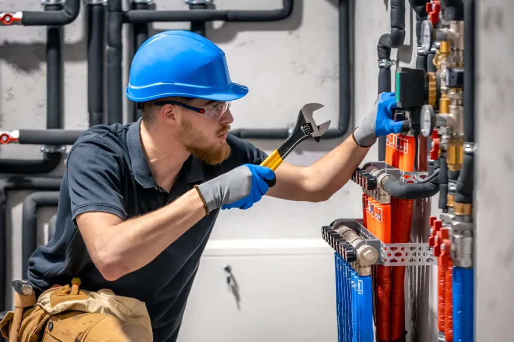 A man wearing safety gear uses tools to work on metal pipes in an industrial setting, illustrating skills relevant to Mechanical Fitter jobs Glasgow.